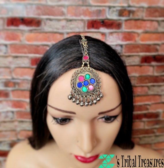 Multi Gem Maang Tikka,Tribal forehead jewelry,Mat… - image 4