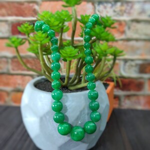 May include: A green jade bead necklace with round beads. The necklace is draped over a white planter with a green succulent plant.