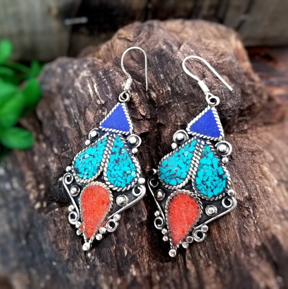 Nepali lapis coral and turquoise earrings,Ethnic … - image 1