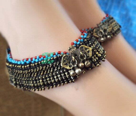 Afghan antique gold tone anklet Pair,Tribal anklet