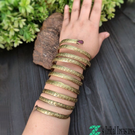 Golden brass tribal cuff,Ethnic bracelet,Spiral c… - image 5