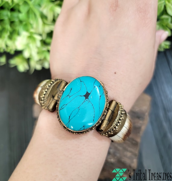 Turquoise bone bracelet,Camel bone bangle,Blue Tu… - image 1