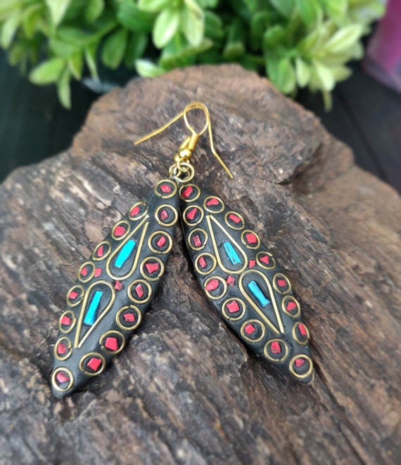 Turquoise and Coral Earrings, Hippie,Gypsy Boho Ea