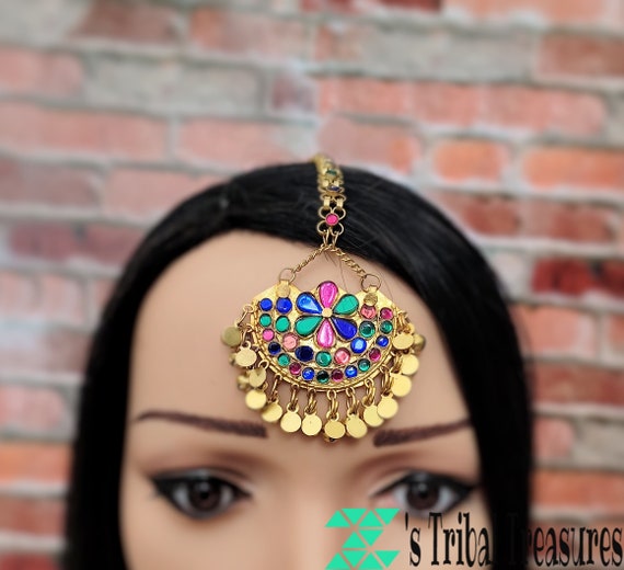 Gold Tone Maang Tikka,Tribal forehead jewelry,Mat… - image 1