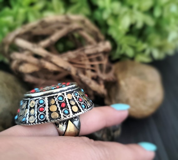 Afghan Kuchi Ring,Boho Ring,Tribal Dome Ring,Turquois… - Gem