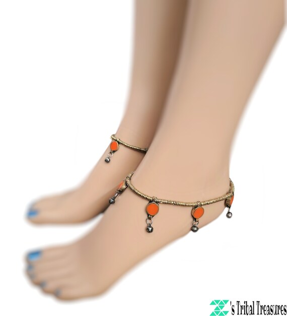 Orange enamel stone Anklet pair ,Gypsy anklet,Afg… - image 2