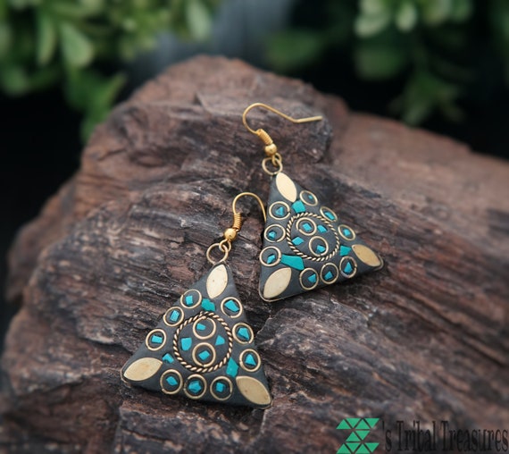 Nepali earring,Boho earring,Turquoise earring,Mos… - image 1