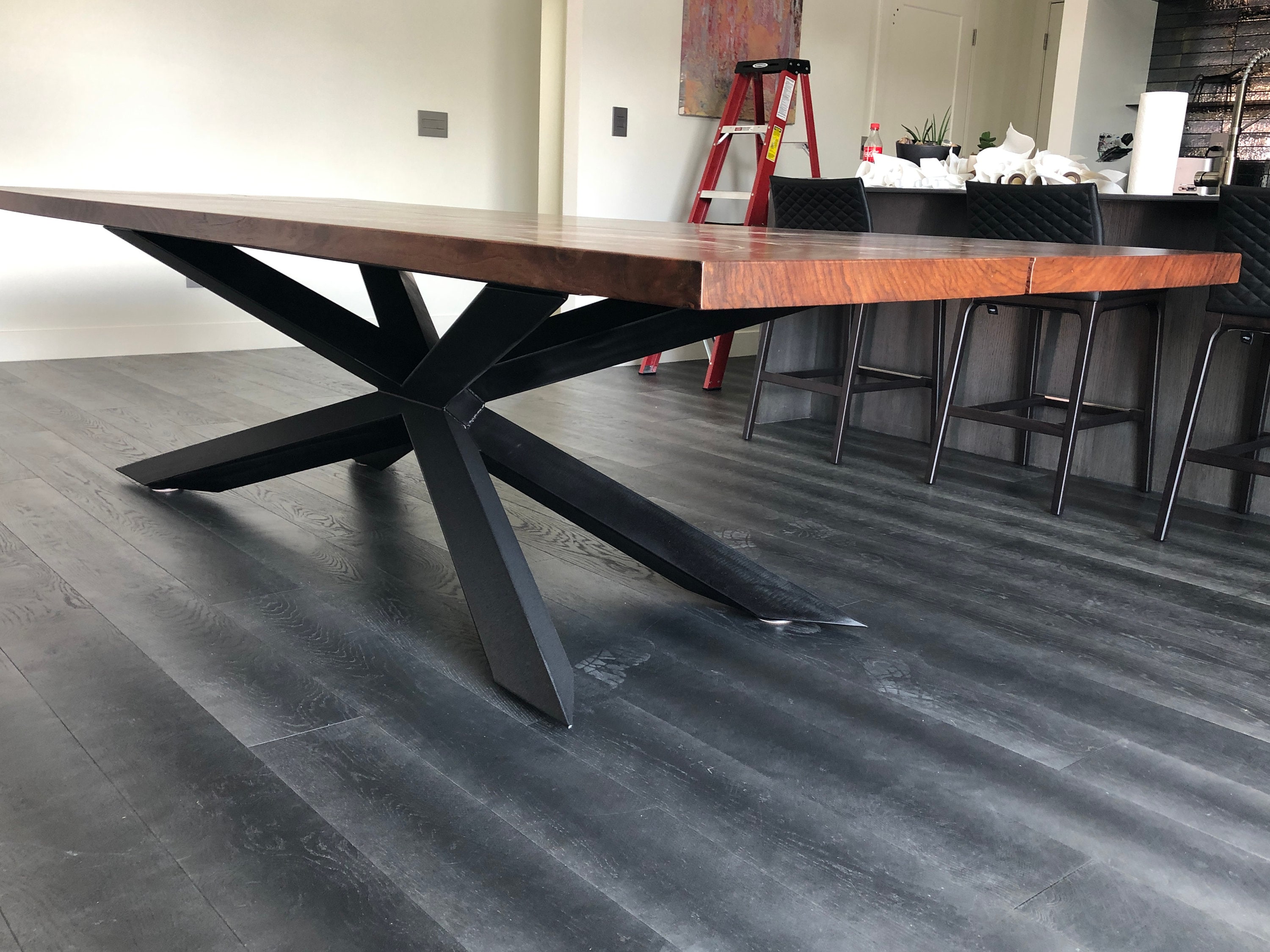 Hammered Copper Dining Table Top Mounted on a Trestle Style