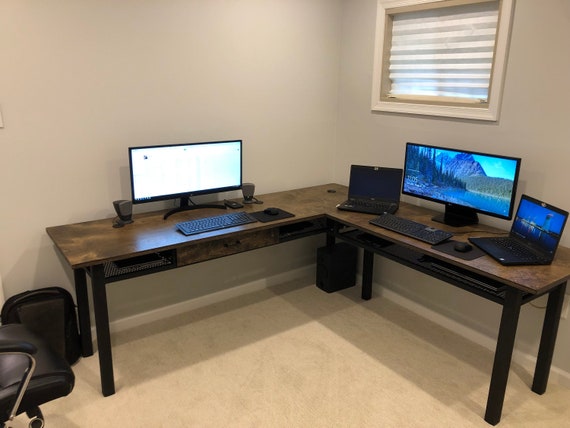Industrial L Desk With Center Drawer And Shelf Optional Industrial L Desk With Center Drawer