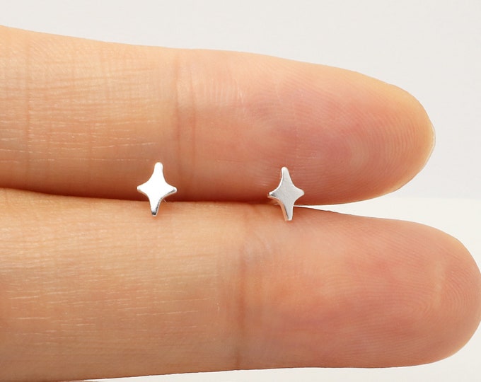 Sterling Silver Black Enamel Star Stud Earrings - 3/16 Inch Dainty Jewelry