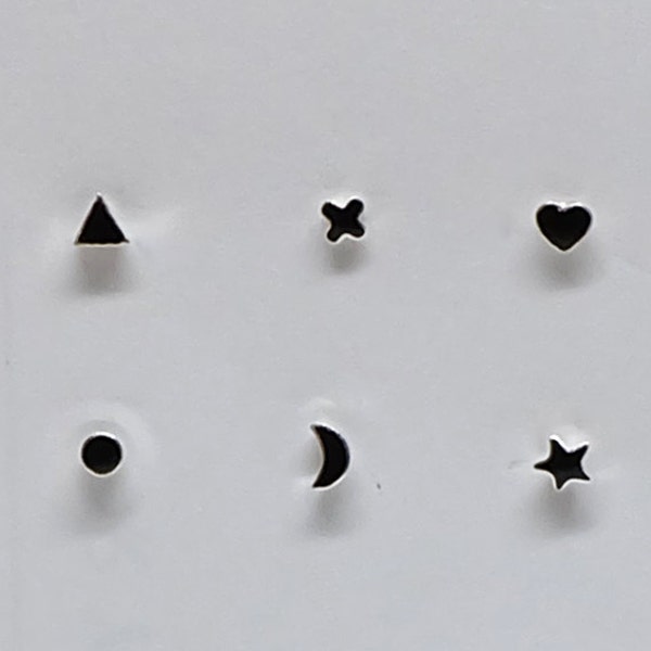 BUY2FREE1 Tiny 2mm set sterling silver stud earrings, black onyx triangle x cross dot moon star heart minimalist studs, geometric