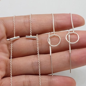 Open circle tiny bar sterling silver threader earrings, eternity minimalist threaders