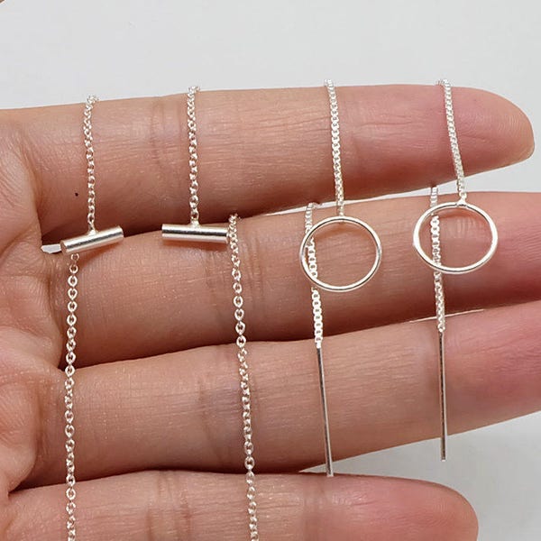 Open circle tiny bar sterling silver threader earrings, eternity minimalist threaders