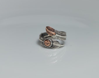 Adjustable Sterling Silver Feather Ring, Pink Gold Feather Ring , Unique unisex rings , rose gold