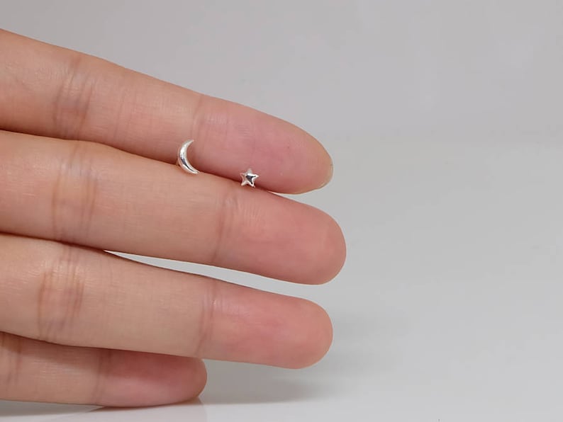 mismatched earrings Tiny Half Moon Star Sterling Silver Stud Earrings