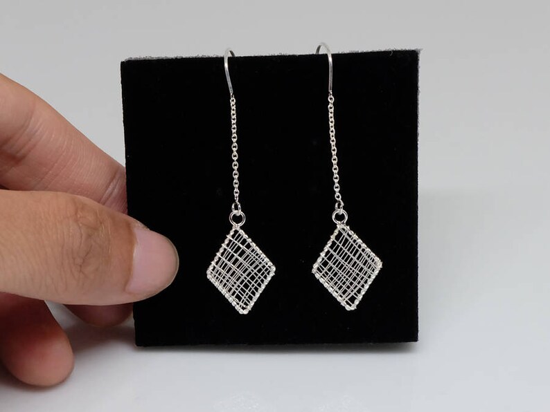 Diamond Shaped Sterling Silver Threader Earrings Geometric Etsy