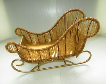 Vintage Heavy Beaded Gold Color Sleigh Centerpiece, Holiday Table Decor, Mantle Decor