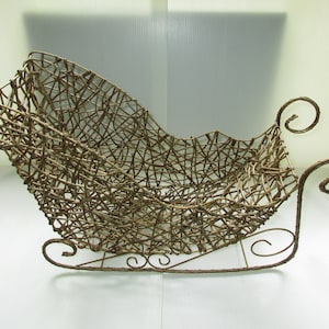 Vintage Large Woven Gold Sleigh, Holiday Centerpiece, Christmas Table Decor