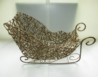 Vintage Large Woven Gold Sleigh, Holiday Centerpiece, Christmas Table Decor