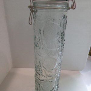 Vintage Tall Embossed Glass Lidded Canister with a Fruit Motif, Attractive Kitchen Storage, Spaghetti Container, Brass Wire fitted lid