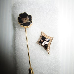May include: Two gold pins with black and white enamel. One pin features a black flower with a gold center. The other pin features a diamond shape with the letters "KAO" and a star design.