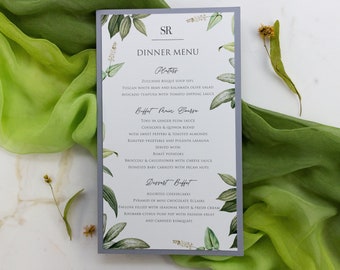Może przedstawiać: Szara i biała karta menu z zielonymi ilustracjami botanicznymi. Karta menu zawiera menu kolacji z przystawkami, bufetem i opcjami deserów. Karta menu ma tekst "SR Dinner Menu" u góry.