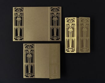 Oro Art Déco Gran Gatsby Gatefold Boda Laser Cut Cubiertas - Invitación de boda, Puerta cortada con láser, Invitación de bricolaje, Hecho a mano, Gatefold