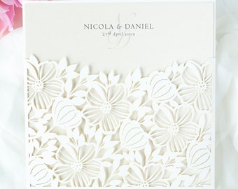 Pocketfold Invitation Floral Lace Wedding Invitation Light Cream Square Wedding Cards & Envelopes, Laser Cut, Fully Personalised