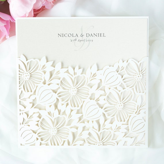 Pocketfold Invitation Floral Lace Wedding Invitation Light Cream Square Wedding Cards & Envelopes, Laser Cut, Fully Personalised