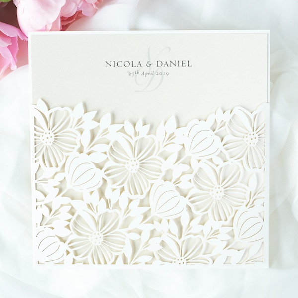 Pocketfold Invitation Floral Lace Wedding Invitation Light Cream Square Wedding Cards & Envelopes, Laser Cut, Fully Personalised