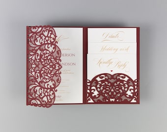 Beautiful Luxury Burgundy Laser Cut Wedding Invitations Folder - Wedding Invite Classic Wedding 3 tier 4 Inserts RSVP Details