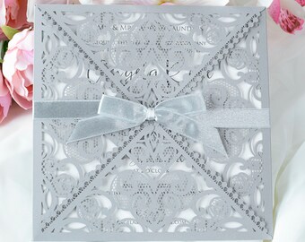 Grey Wedding Invitation Laser Cut Cards with Intricate Lace + Envelope - Elegant Grey Satin Ribbon Wedding Invitations Birthday DIY Cards