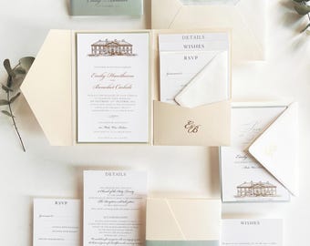 Wedding Venue Invitation Suite with Classic Tri-Fold Pocket - Gold Foil Details, Watercolour Lined Envelope