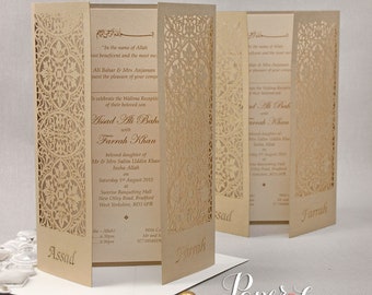 Elegantes invitaciones de boda desplegables, tarjetas personalizadas en oro antiguo, nombres cortados con láser en la portada, invitación asiática, India, dorada, árabe