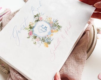 White Velvet Wedding Guest Book with Watercolour Monogram, Photo Book, Custom Printed Album