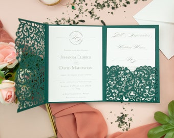 Forest Green Laser Cut Covers Pocket Fold Invitations - Pocketfold Elements, DIY Cut, 3 fold pocket, Wedding Cards