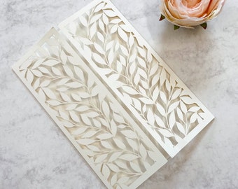 Arco de marfil plegable con intrincado motivo de hoja cortada por láser - Cubiertas cortadas con láser SOLAMENTE, invitación de boda, cubierta cortada con láser, hecho a mano por bricolaje