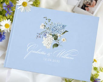 Hydrangea Wedding Guest Book | Blue Metallic Cover | Personalised Photo Memory Book