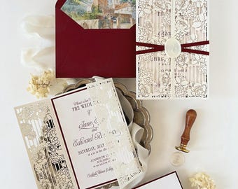 Burgundy Wedding Invitation, Laser Cut Gatefold Wedding Invite, Chateau Wedding Invitation, Custom Watercolour Venue