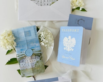 Personalised Blue Passport Wedding Invitation | Custom Vellum Watercolour Design | European Destination Wedding | Travel Wedding