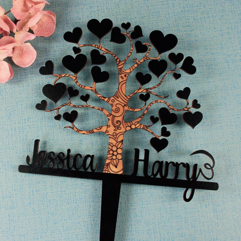 Large Love Tree Wooden Anniversary Cake Topper Wedding Bride And