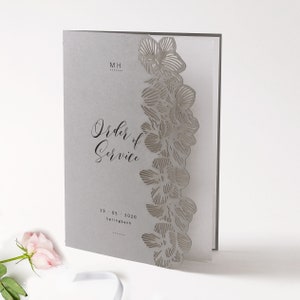 Order of Service with Orchid Motif Light Grey Cover - Laser Cut Details, Wedding Order of Service, Wedding Day, Wedding Booklet