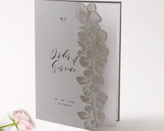 Order of Service with Orchid Motif Light Grey Cover - Laser Cut Details, Wedding Order of Service, Wedding Day, Wedding Booklet