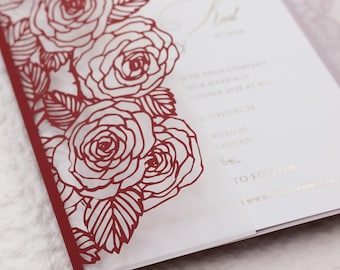 Laser Cut Cover With a Delicate Pattern of Roses | Floral Gate fold Wedding invitation | DIY Invitation