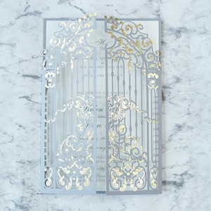 Grey Monogram Ornamental Gatefold Laser Cut Wedding Day Invitation with Gold Foil - Elegant Wedding Invitations Fully Personalised
