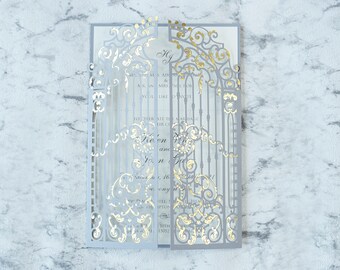 Grey Monogram Ornamental Gatefold Laser Cut Wedding Day Invitation with Gold Foil - Elegant Wedding Invitations Fully Personalised