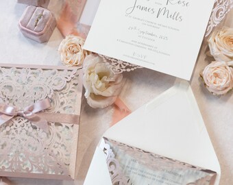 Laser Cut Invitation Beautiful Pink Misty Rose Metallic Laser Cut Square Invitation Wedding Day Evening Reception Pocket 2 Inserts Parchment