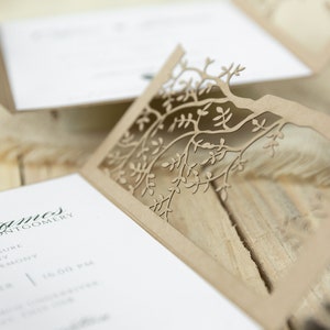 Personalized rustic Wedding Invitations, Laser Cut, Tree of Life, Boho, Heart green, Kraft, Set with Envelopes & Linen Twine, Fully Printed image 9