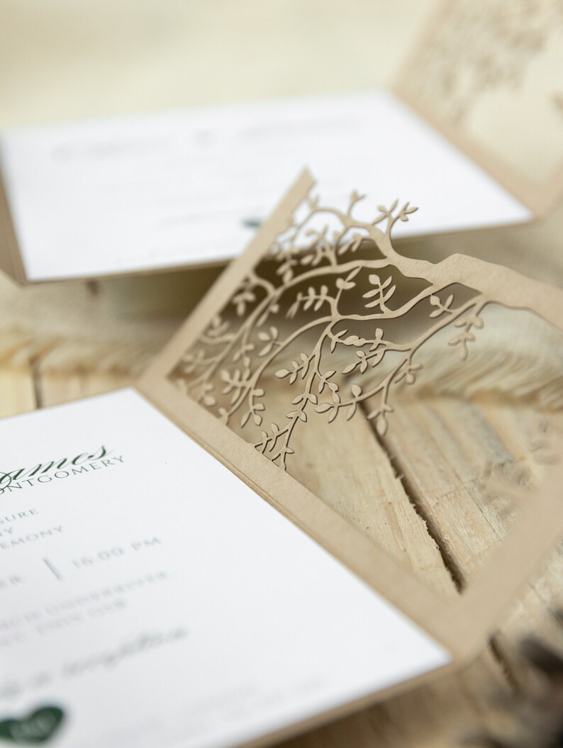 Personalized rustic Wedding Invitations, Laser Cut, Tree of Life, Boho, Heart green, Kraft, Set with Envelopes & Linen Twine, Fully Printed image 9