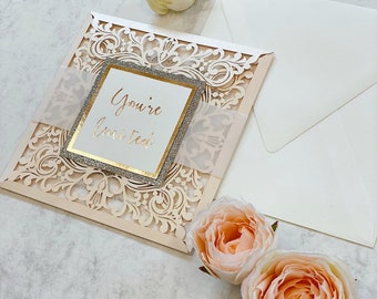 Laser Cut Wedding Invitations with Belly Band - Peach Paper, Gold Glitter & Rose Gold Foil Belly Band, Pocket Invitations